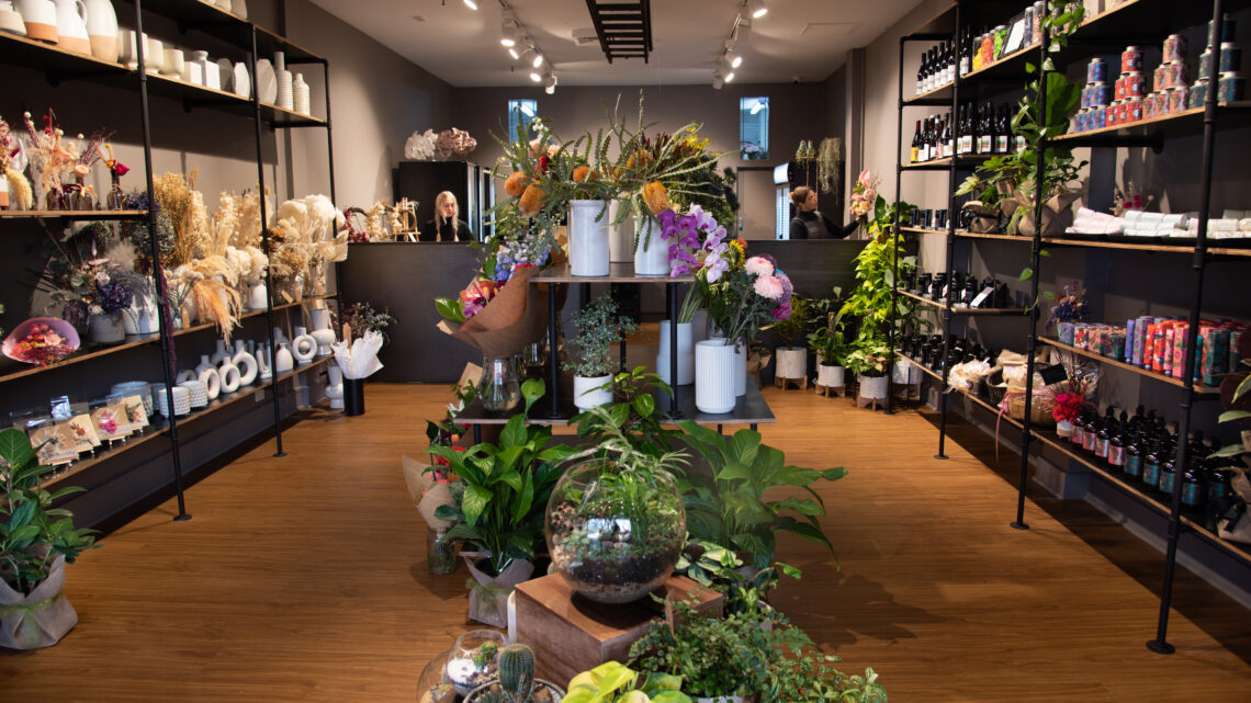 Boutique flower shop interior with fresh plants, preserved florals, and gift items on display